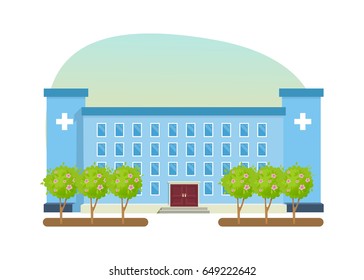 Hospital Building, A Healthcare System And A Medical Facility With All Departments. City Building. Modern Vector Illustration Isolated On White Background.