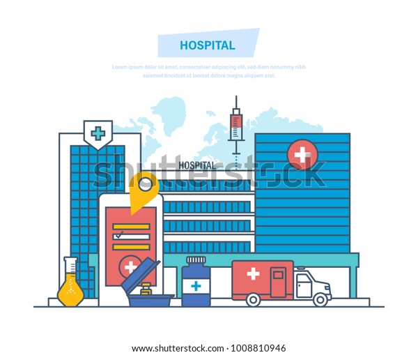 Hospital building, healthcare system, medical\
facility, safety, first aid, ambulance. Clinic exterior, medical\
architecture hospital, landscape on background city. Illustration\
thin line design.