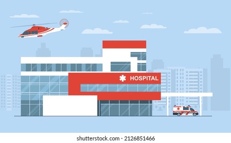 Hospital building with helicopter and ambulance. Vector illustration.