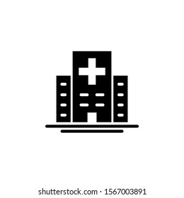 Icono de construcción de hospitales en diseño plano negro sobre fondo blanco, signo de estilo lineal para el concepto móvil y el diseño web, Clínica con icono de vector de línea simple médica, Símbolo, ilustración de logotipo