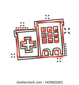 Hospital building icon in comic style. Infirmary vector cartoon illustration on white isolated background. Medical ambulance business concept splash effect.