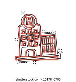 Hospital building icon in comic style. Infirmary vector cartoon illustration on white isolated background. Medical ambulance business concept splash effect.