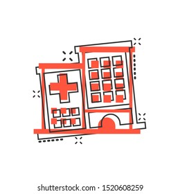 Hospital building icon in comic style. Infirmary vector cartoon illustration on white isolated background. Medical ambulance business concept splash effect.