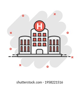 Hospital building icon in comic style. Infirmary vector cartoon illustration on white isolated background. Medical ambulance business concept splash effect.