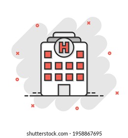 Hospital building icon in comic style. Infirmary vector cartoon illustration on white isolated background. Medical ambulance business concept splash effect.