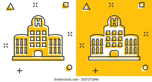 Hospital building icon in comic style. Infirmary vector cartoon illustration on white isolated background. Medical ambulance business concept splash effect.