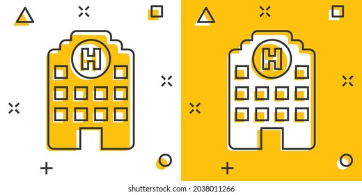 Hospital building icon in comic style. Infirmary vector cartoon illustration on white isolated background. Medical ambulance business concept splash effect.