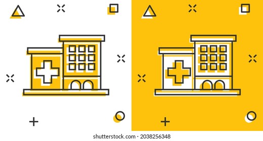 Hospital building icon in comic style. Infirmary vector cartoon illustration on white isolated background. Medical ambulance business concept splash effect.