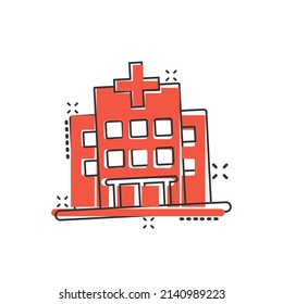 Hospital building icon in comic style. Medical clinic cartoon vector illustration on isolated background. Medicine splash effect sign business concept.