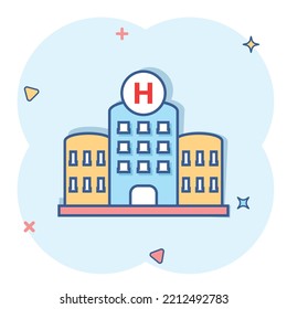 Hospital building icon in comic style. Infirmary vector cartoon illustration on white isolated background. Medical ambulance business concept splash effect.