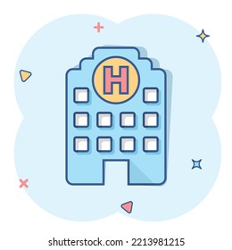 Hospital building icon in comic style. Infirmary vector cartoon illustration on white isolated background. Medical ambulance business concept splash effect.