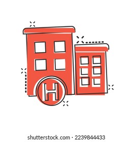 Hospital building icon in comic style. Medical clinic cartoon vector illustration on isolated background. Medicine splash effect sign business concept.