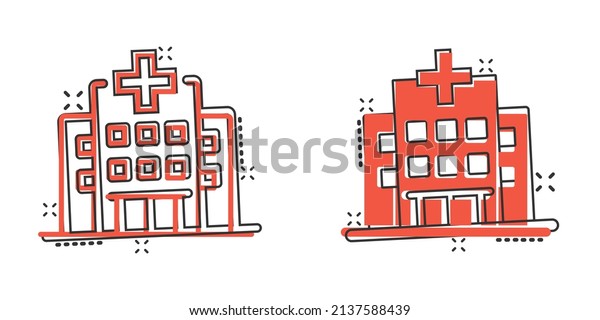 Hospital building icon in comic style.\
Medical clinic cartoon vector illustration on isolated background.\
Medicine splash effect sign business\
concept.