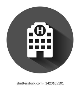 Hospital building icon in flat style. Infirmary vector illustration on black round background with long shadow. Medical ambulance business concept.