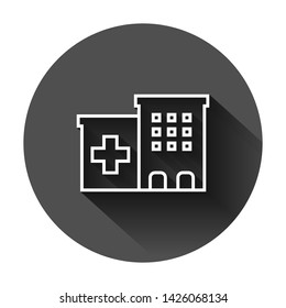 Hospital building icon in flat style. Infirmary vector illustration on black round background with long shadow. Medical ambulance business concept.
