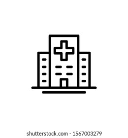 Hospital Building Icon In Line Art Style On White Background, Linear Style Sign For Mobile Concept And Web Design, Clinic With Medical Cross Simple Line Vector Icon, Symbol, Logo Illustration