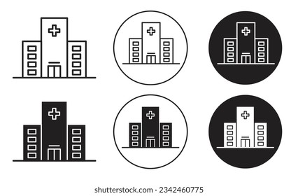 Hospital building icon set. clinic or medical sign. medical center vector symbol in black filled and outlined style.