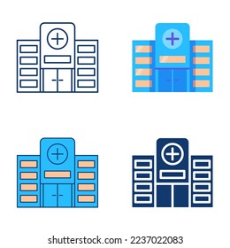 Icono de construcción de hospital conjunto en estilo plano y de línea. Estructura médica, símbolo clínico. Ilustración del vector