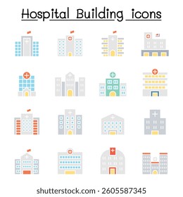 Hospital building icon set in flat color style