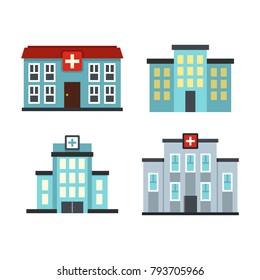 Hospital Building Icon Set. Flat Set Of Hospital Building Vector Icons For Web Design Isolated On White Background