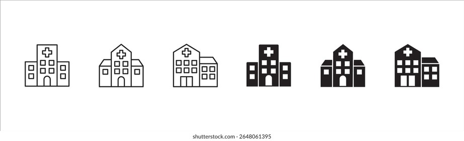 Hospital building icon set. Hospital and healthcare icon collection. Icon symbol of hospital buildings, medical house, medic, clinic, digital healthcare. Vector illustration