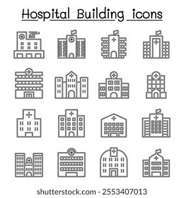 Hospital building icon set in thin line style