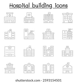 Hospital building icon set in thin line style