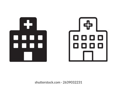 Hospital building icon, solid and outline styles. Medical facility symbol.