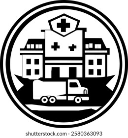 hospital building icon with stethoscope. modern medical emblem with ambulance. healthcare vector design with emergency entrance.