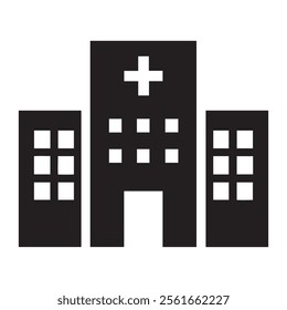 Hospital building icon vector. Black illustration isolated on white background.