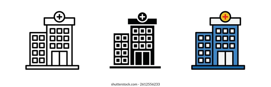 Hospital building icon vector. Icon design of flat style eps, black and color fill with stroke, isolated on white background