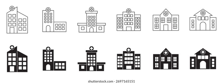 Hospital building icon vector. Icon design of flat style eps, black and color fill with stroke, isolated on white background