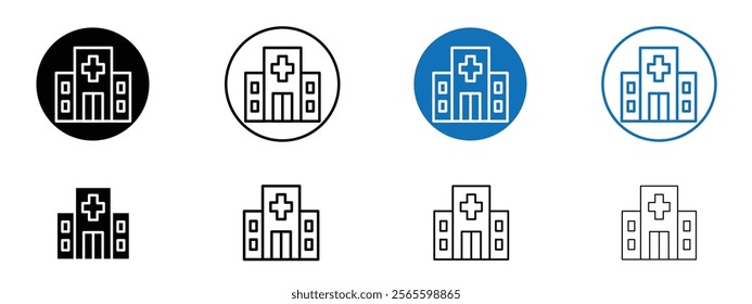 Hospital building icons in black and blue colors