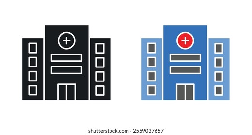 Hospital building icons in black and colored version