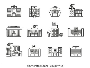 hospital building icons set. Line Style stock vector.