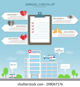 Hospital Building Infographic Elements And Background. Ambulance Car And Air. Can Be Used For Medical Check Up Report Data, Banner, Step Options, Web Design, Brochure Template.  Vector Illustration.