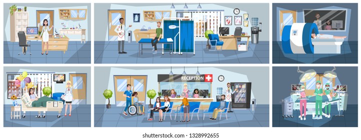 Hospital building interior. Doctor office and surgery room, reception. Medical clinic indoor. Doctor and patient. Woman in wheelchair. Vector illustration in cartoon style