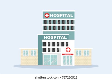 The  hospital building isolated on blue background with copy space for professional medical team, health life concept with cartoon, anime and background  - vector illustration Eps 10.