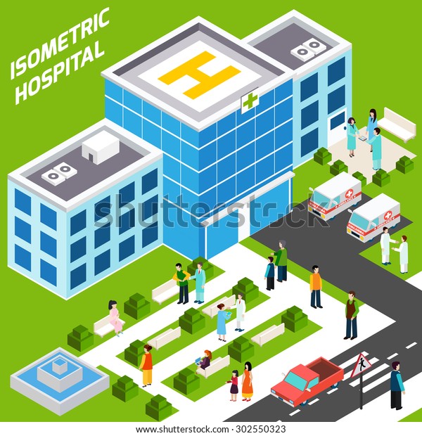 Hospital building isometric with 3d\
medical staff and landscape objects vector\
illustration