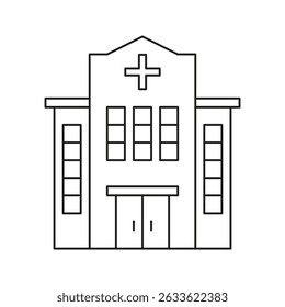 Hospital Building Line Icon. Healthcare Facility, Medical Center, And Emergency Services Outline Symbol. Health Infrastructure And Patient Care. Editable Stroke. Isolated Vector Illustration.