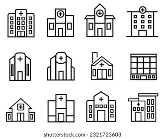Hospital building line icons set vector illustration. editable file