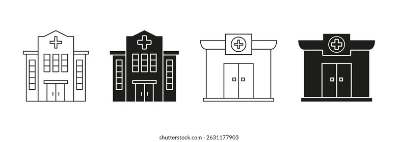 Hospital Building Line And Solid Icon Set. Healthcare Facility, Medical Center, And Emergency Services Symbol Collection. Medical Infrastructure And Health Services. Isolated Vector Illustration.