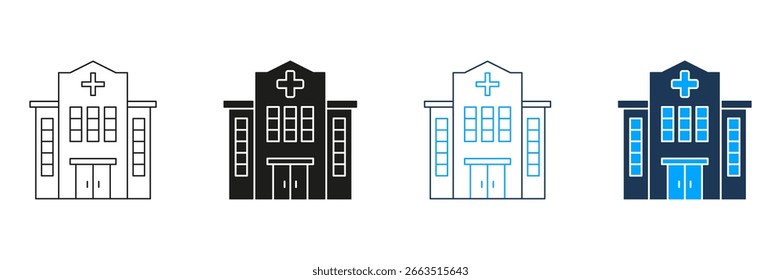 Linha De Construção Do Hospital E Conjunto De Ícones Sólidos. Instalação De Saúde, Centro Médico E Coleção De Símbolos De Serviços De Emergência. InfraEstruturas De Saúde E Cuidados Aos Doentes. Ilustração de vetor isolada.
