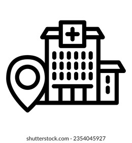 Hospital building with location marker line icon, Navigation concept, clinic pointer sign on white background, Hospital location icon in style for and web. Vector graphics.