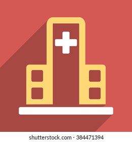 Hospital Building long shadow vector icon. Style is a light flat symbol on a red square button.