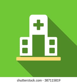 Hospital Building long shadow vector icon. Style is a flat symbol with rounded angles on a green square symbol.
