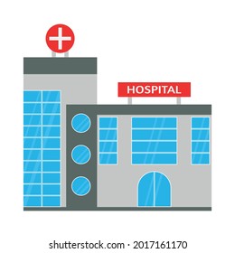 Hospital building with many glass windows. Hospital outside. Architecture with glass exterior vector illustration. 