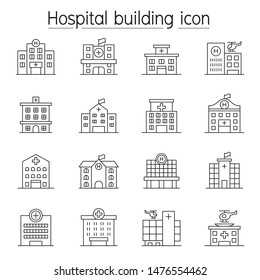 Hospital building, Medical center icon set in thin line style