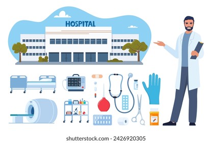 Edificio hospitalario, dispositivos médicos y carácter médico. Mobiliario hospitalario, herramientas, medicamentos, equipos para tratamiento y diagnóstico. Conjunto de iconos de salud. Ilustración de vector