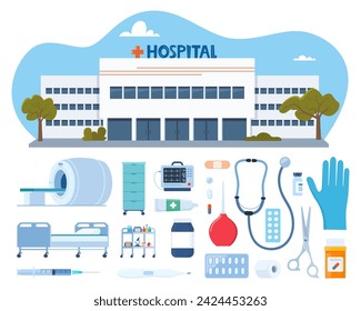 Edificio del hospital, dispositivos médicos. Mobiliario hospitalario, herramientas, medicamentos, equipos para tratamiento y diagnóstico. Conjunto de iconos de salud. Ilustración de vector